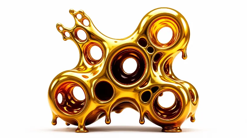 A glossy amber sculpture featuring multiple circular tunnels rests against a stark white backdrop.