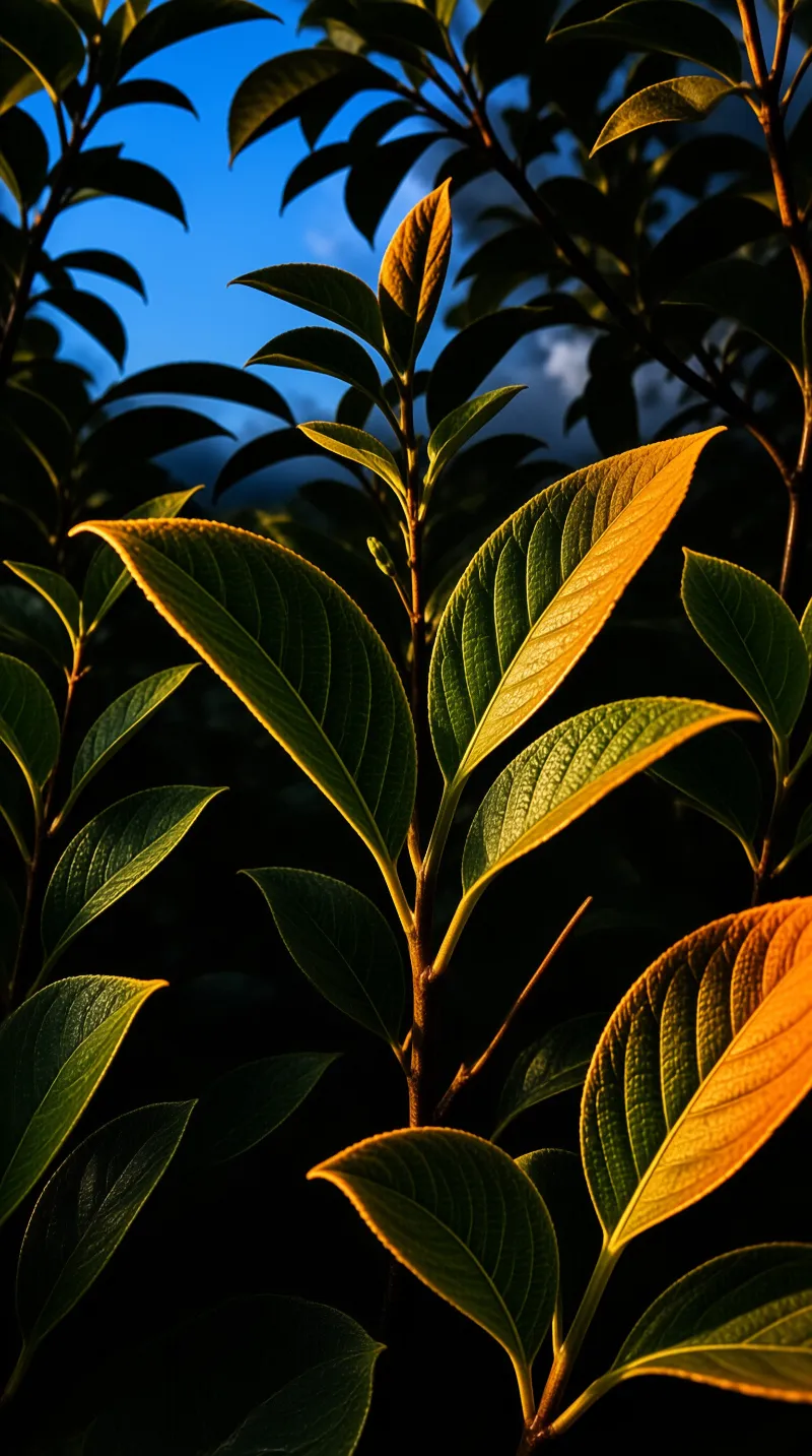 Translucent leaf blades catch warm low sunlight, their veins glowing against a deep blue dusk sky.