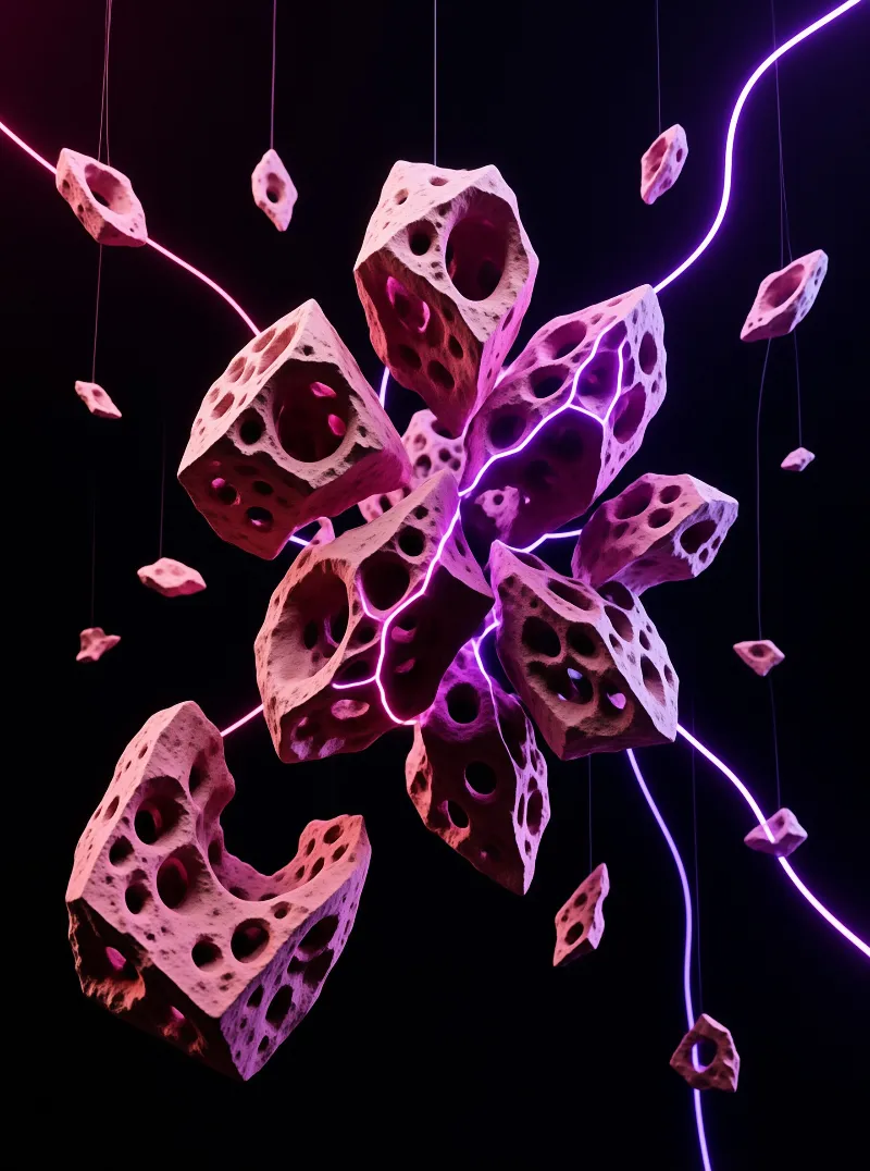 Floating porous cheese blocks are illuminated by glowing pink and purple neon lines against a black backdrop.