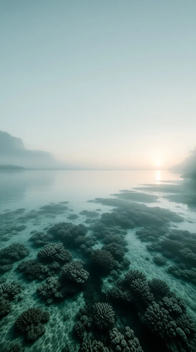 Dense coral clusters scattered across shallow teal waters toward a foggy horizon where the sun glows softly.