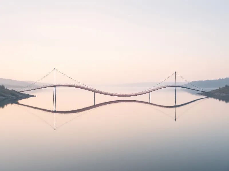 A curved bridge stretches across tranquil water reflecting the structure and soft pastel sky above in a misty landscape.