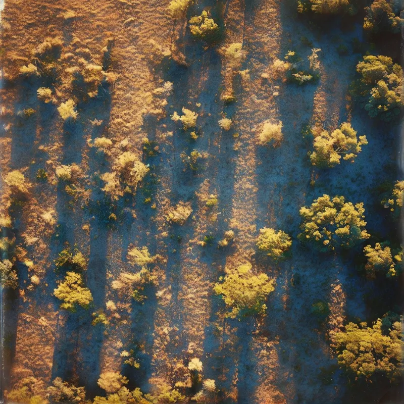 Aerial view of scattered bushes casting long shadows across a dry, sun-drenched landscape with warm golden tones.