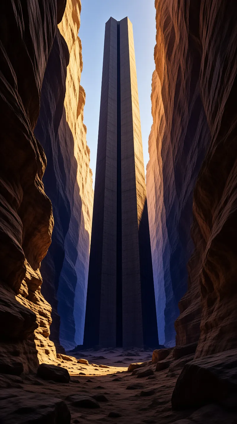 A massive dark monolith rises vertically within a narrow canyon of orange rock formations under bright sunlight.