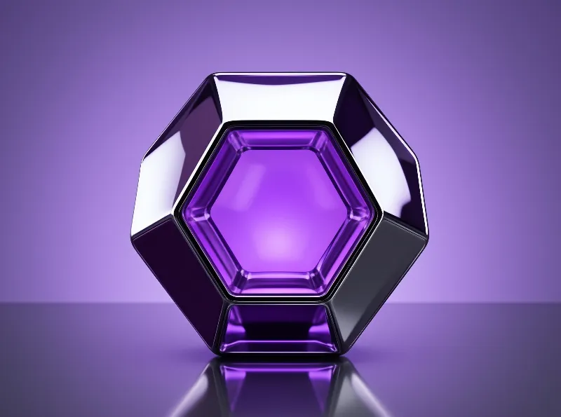 A faceted purple prism sits centrally on a shiny violet plane with strong white reflections on the metallic rim