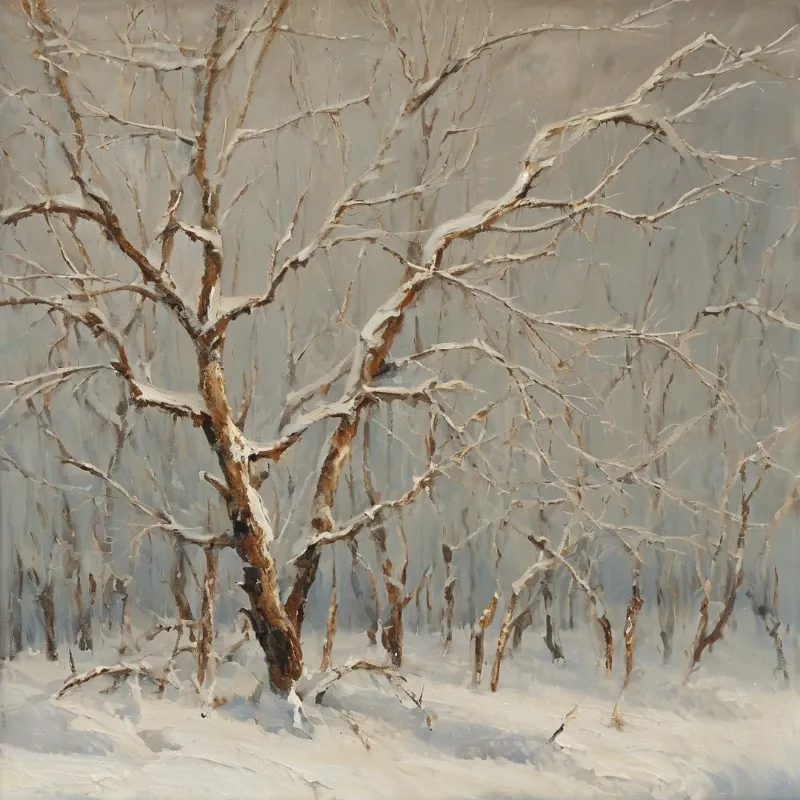 A frost covered bare tree sits in a muted cool winter forest with soft gray light and snow lined branches