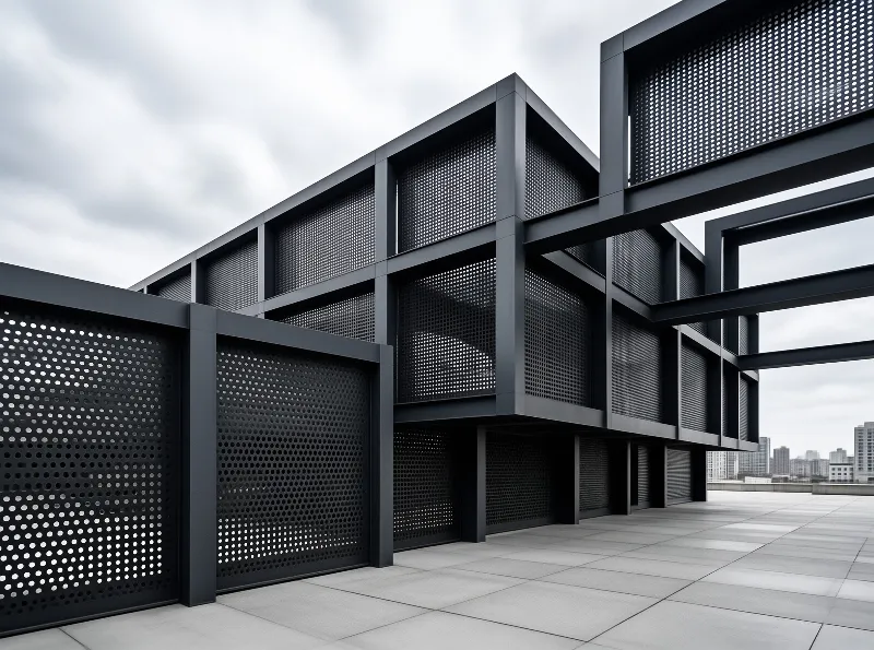 Stacked black modules clad in dotted metal screens line an open tiled terrace under a pale cloudy sky