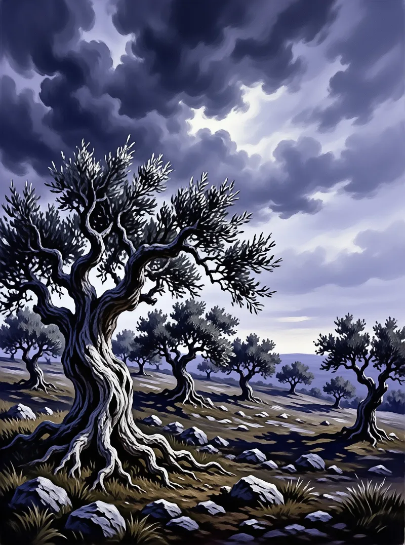 Gnarled trees with twisted branches stand on rocky ground beneath a turbulent purple sky.