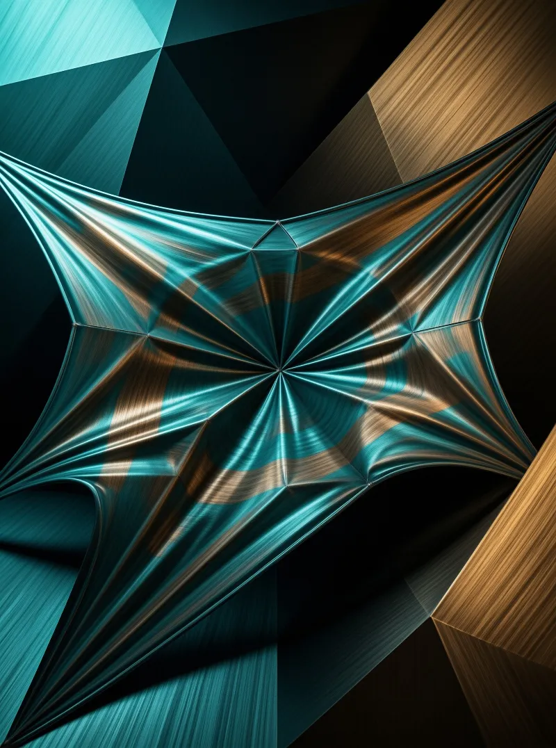 Abstract teal and gold metallic surfaces crumpled into a central star shape with sharp angular lines radiating outward.