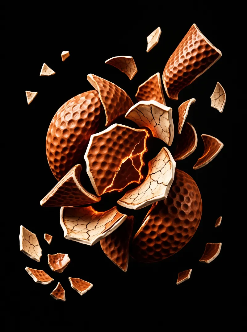 Dimpled orange spheres burst into fragments floating in deep shadow with glowing cracks.
