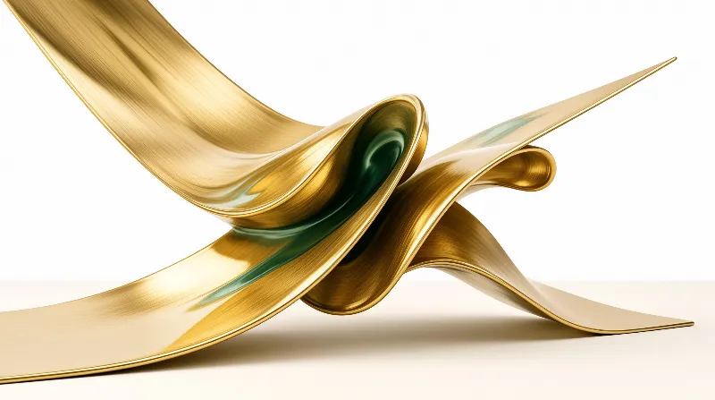 Brushed gold ribbons intertwine into a looping knot whose inner curves hold glossy pools of deep green.
