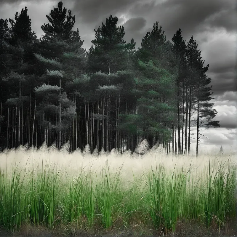 Tall dark evergreen trees rise behind white mist while bright green grass fills the foreground under a cloudy sky.
