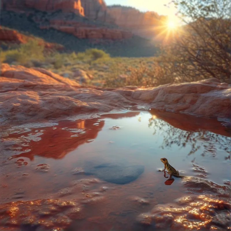 A small lizard stands near the edge of a shallow pool reflecting the sky in a rocky desert landscape during sunset.