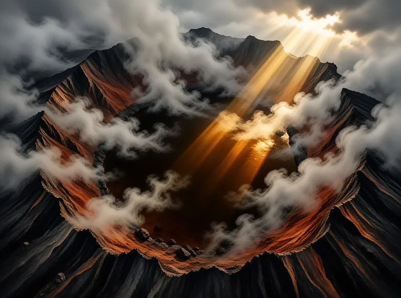 Volcanic crater with rust and black walls is wrapped in swirling white clouds, lit by golden sunbeams from dark storm skies.