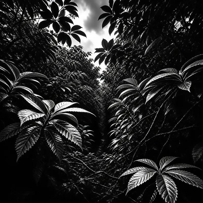 Dense foliage creates a dark frame around a bright sky in this high contrast monochrome view of a forest.