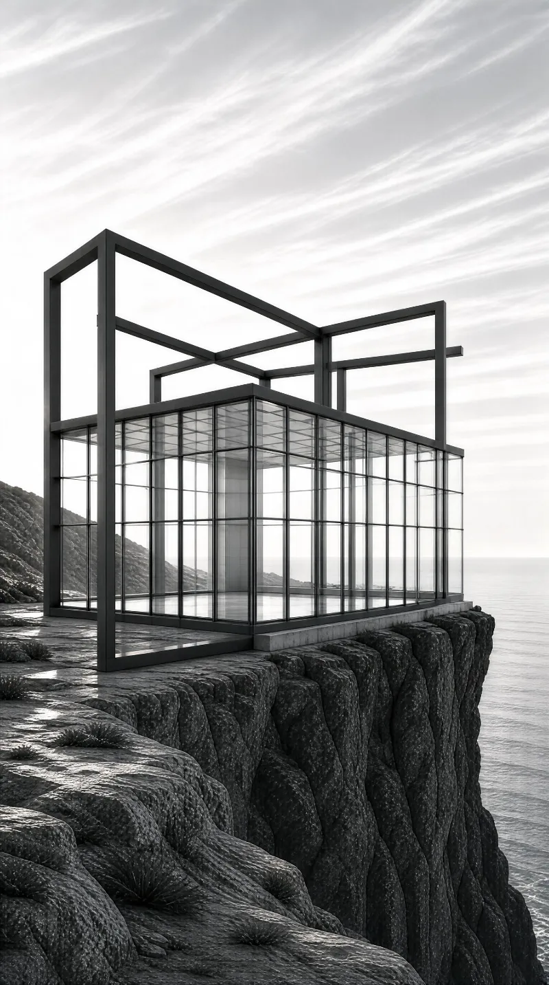 A modern glass structure sits atop a rugged cliff edge, overlooking a calm ocean under a cloudy sky