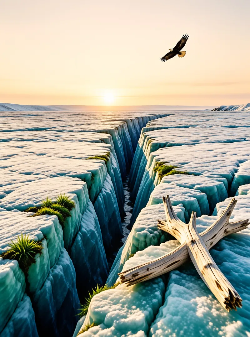 A bald eagle flies above deep blue ice crevasses and driftwood on a frozen landscape during a golden sunset.