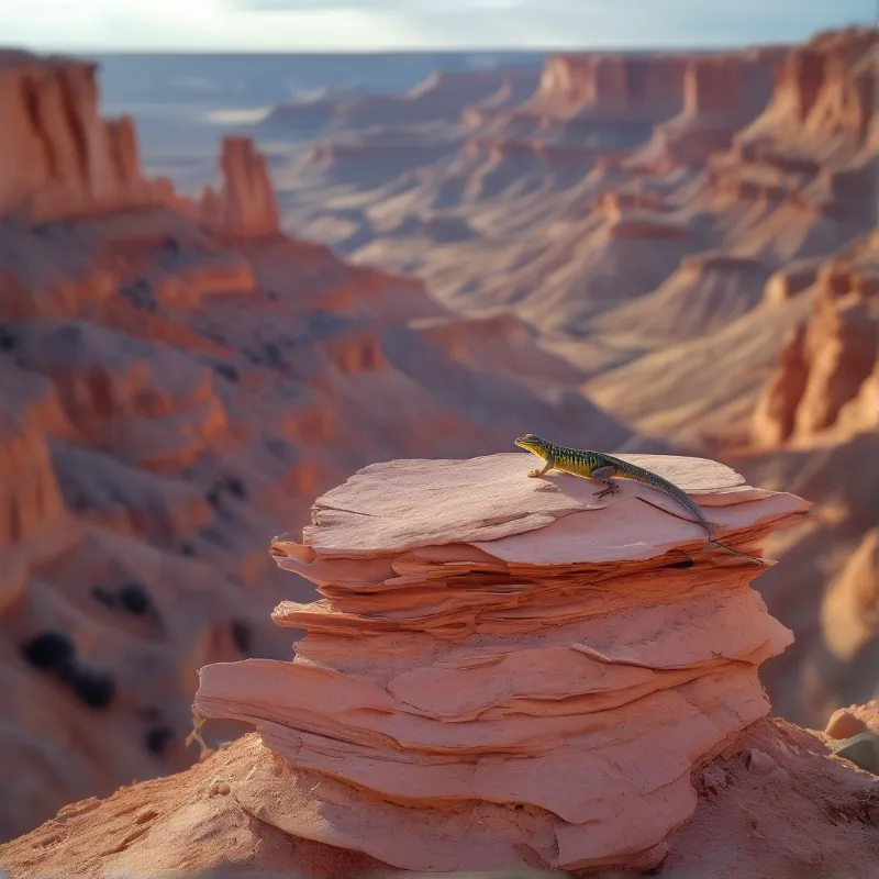 A colorful lizard rests on stacked red sandstone rocks in a desert landscape bathed in warm sunlight.