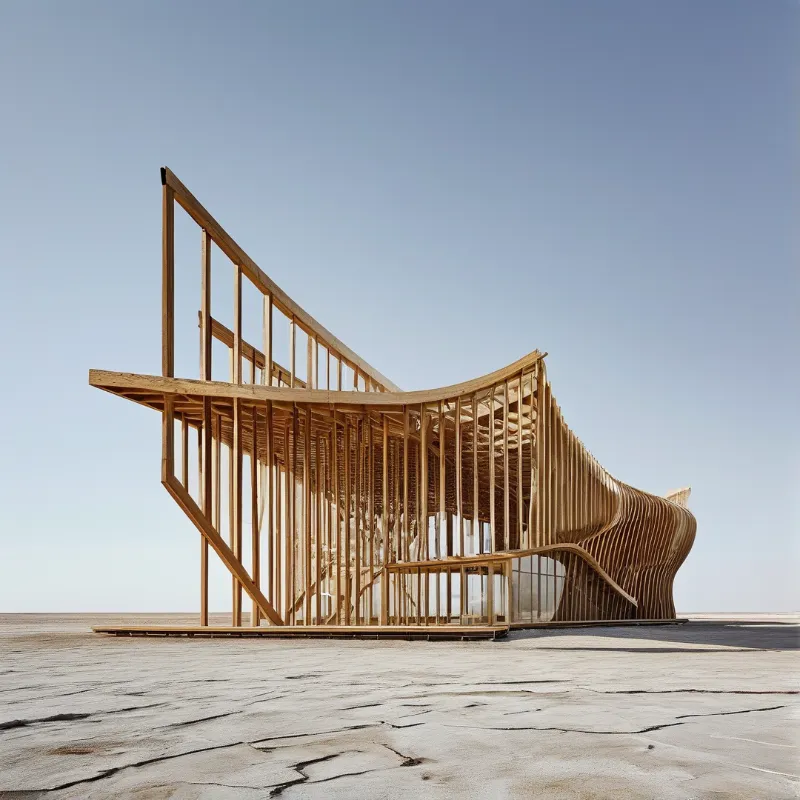 A flowing lattice of vertical wooden slats curves like a wave across a cracked white desert floor.
