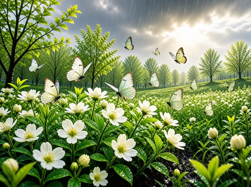 White butterflies dance above a field of white flowers under a rainy sky pierced by beams of sunlight.
