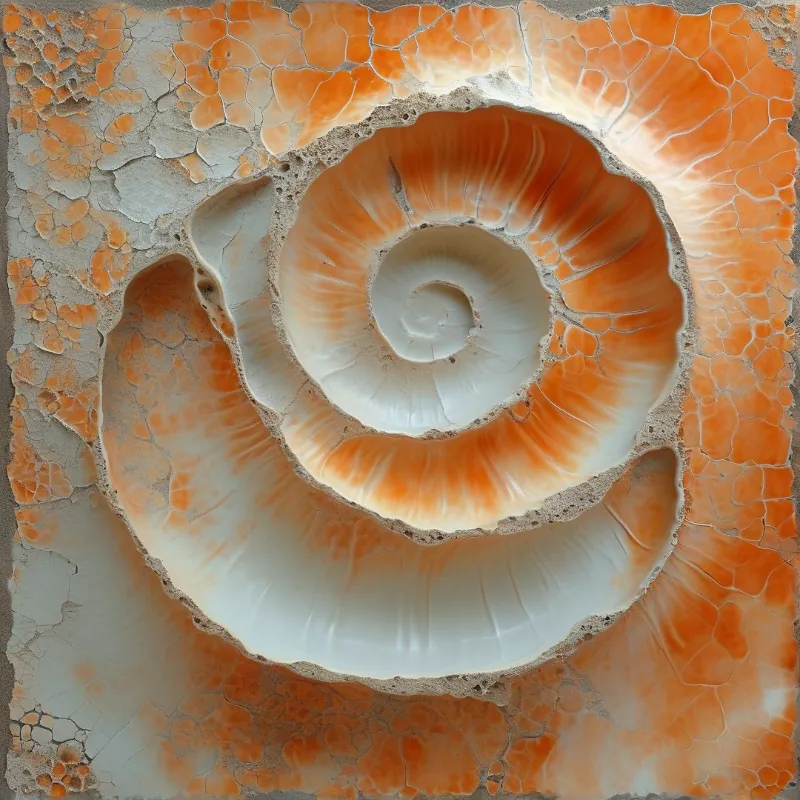 A polished cross section reveals an orange and white ammonite fossil embedded in cracked sedimentary rock.