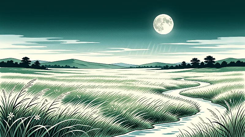 Illustrated night scene of a meandering stream cutting through grassy marshland under a bright glowing full moon above rolling distant hills.