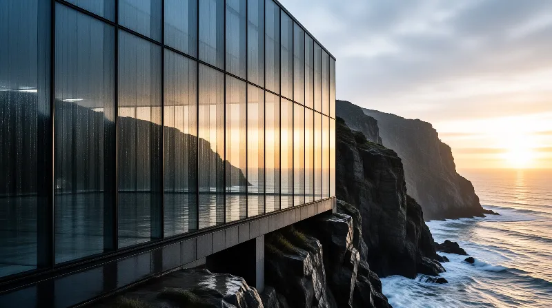 Modern glass building with vertical panels perched above the ocean, reflecting golden sunset light over dark cliffs and waves