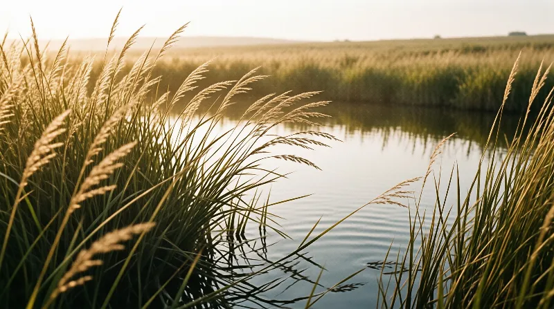 Feathery grasses border a calm stream reflecting warm sunlight across a vast green wetland field.