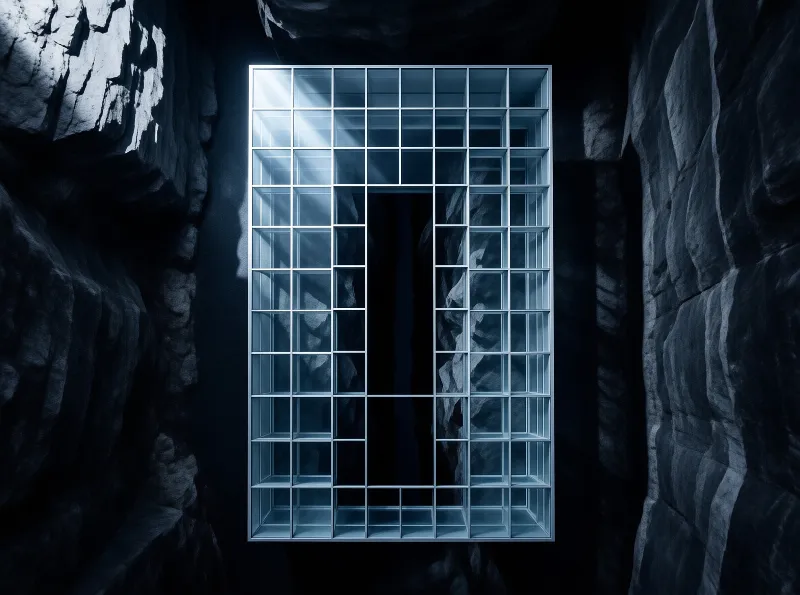 A pale lattice cube hangs inside rough rock walls as a single beam of light grazes its edge.