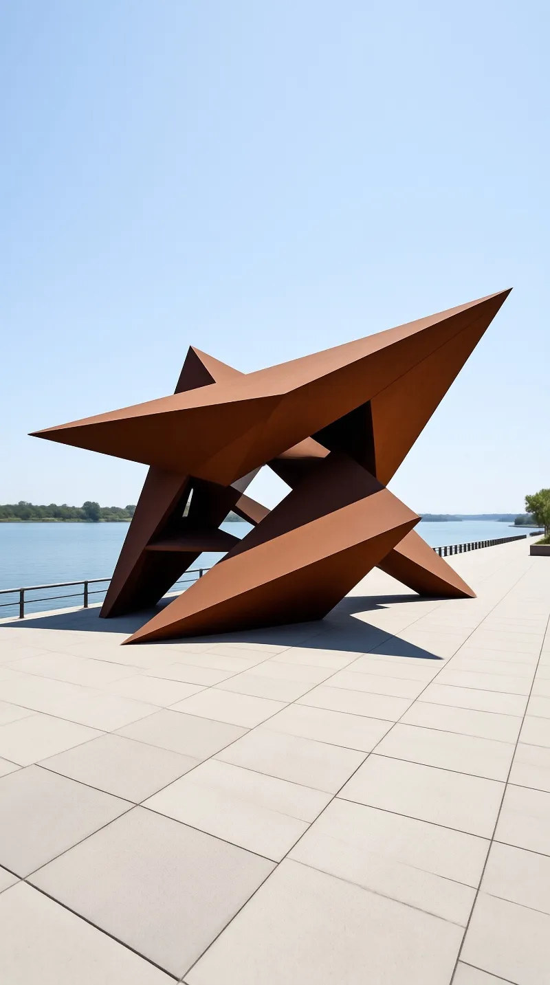 Angular reddish metal shards form an abstract installation on a paved riverside walkway with calm water in the background.