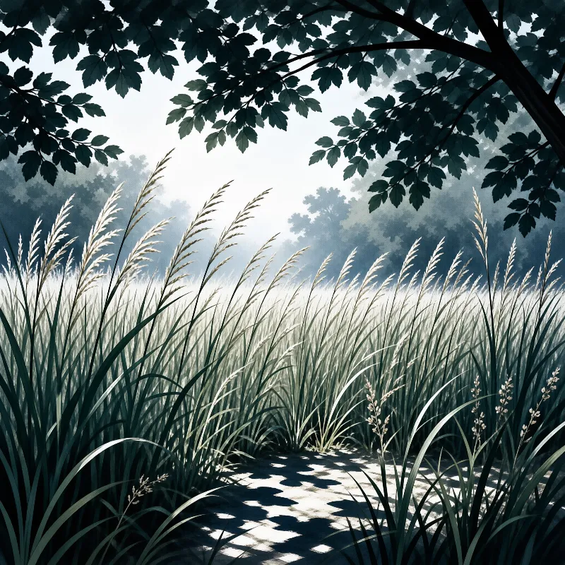 Tall seed headed grasses lean across a clearing while dark leaves arch overhead and dappled shade falls along the path.