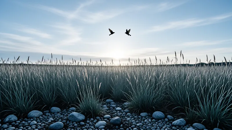 Silhouettes of two birds glide above a field of pale grass and smooth stones under a fading sky.