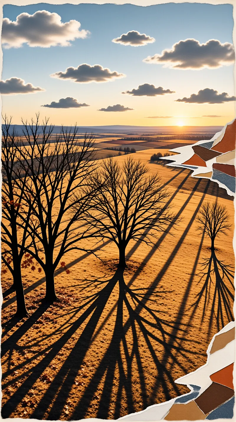 Leafless trees cast long dark shadows across golden patchwork farm fields, with a warm sunset glowing above the distant horizon under a partly cloudy sky.