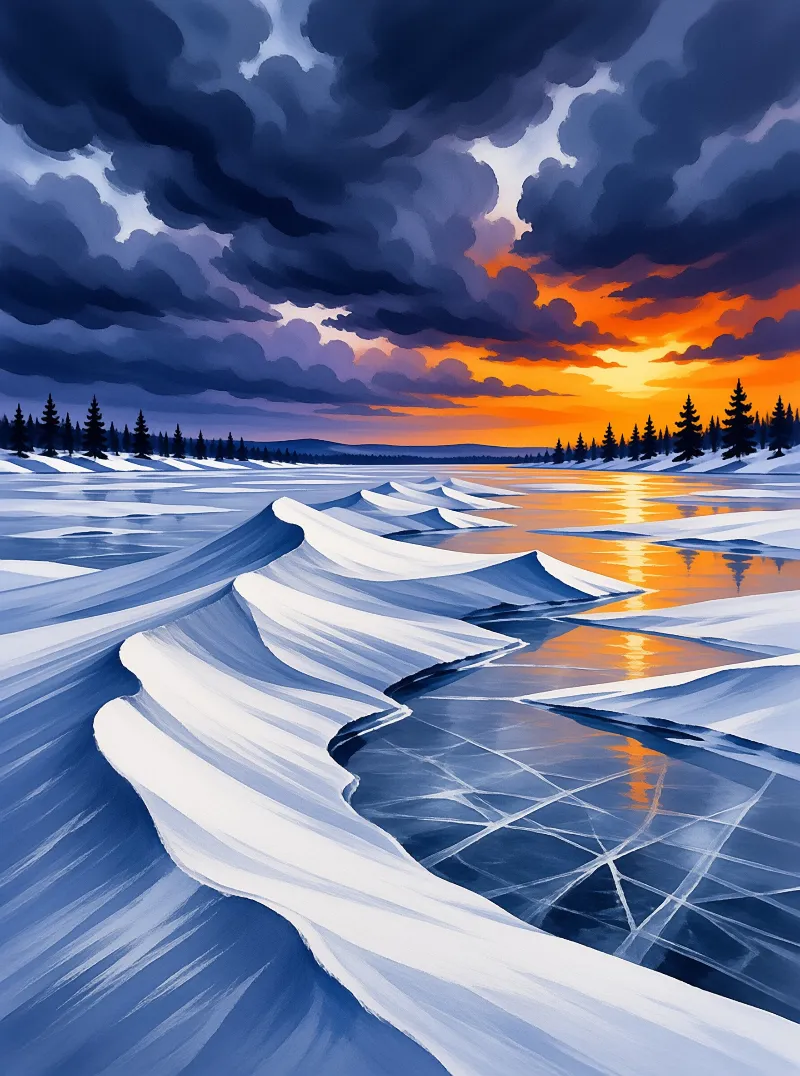 Sculpted snow drifts and cracked ice on a frozen river reflect the bright orange sunset light against a dark cloudy sky.