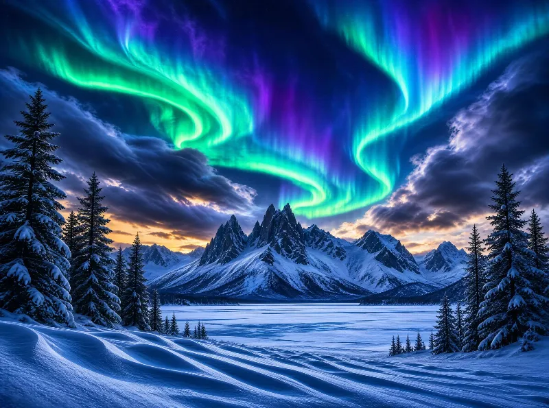 Northern Lights Over Snowy Mountains