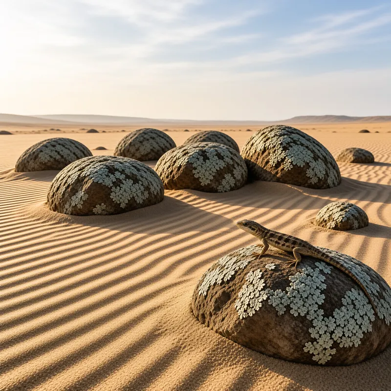 A spotted lizard rests on a lace-patterned boulder among scattered domed rocks on rippled golden sand under a pale sky.