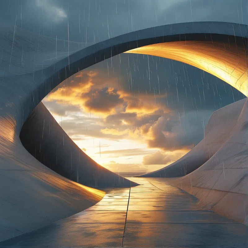 Curved concrete walls frame a bright orange sunset sky while rain streaks down onto a wet reflective floor.