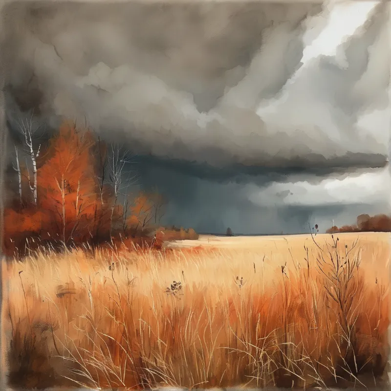 Dry golden vegetation fills the foreground while autumn trees stand left under a heavy grey sky.