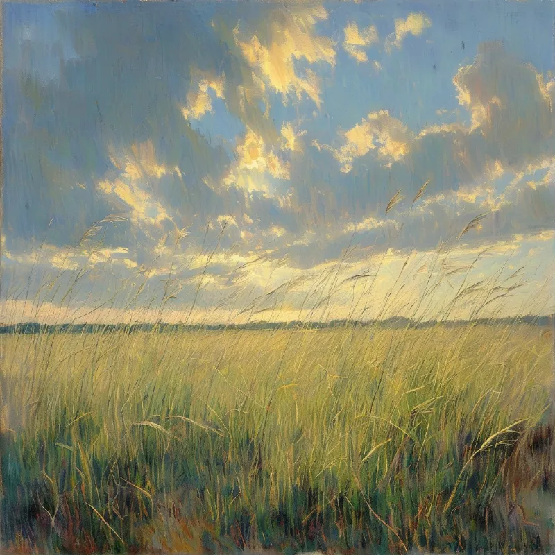An oil painting of golden tall grass swaying in an open prairie, lit by warm sunlight filtering through blue cloudy skies.
