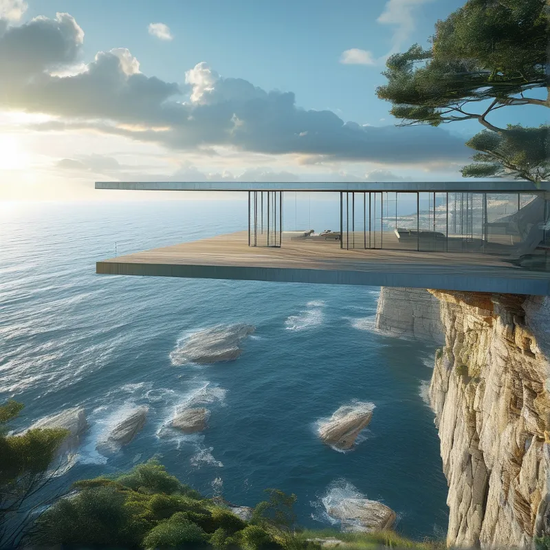 A minimalist glass and wood structure extends from a rocky cliff, hovering above the deep blue ocean water.