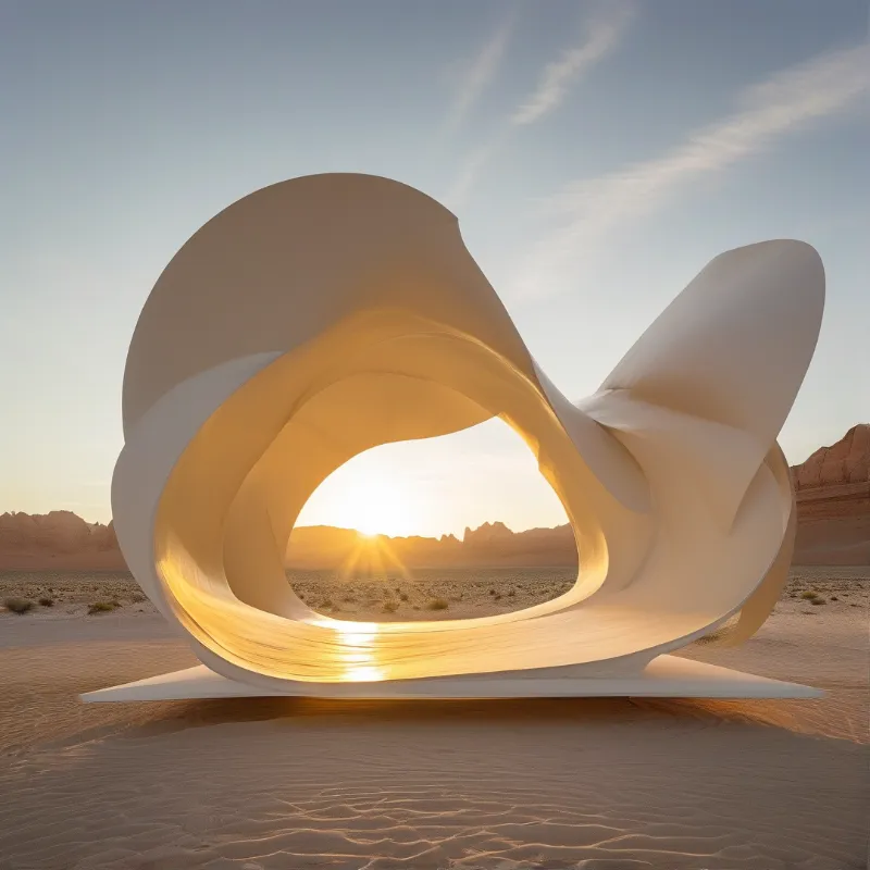 A large white organic sculpture stands in a sandy desert landscape with the sun shining brightly through its central opening.