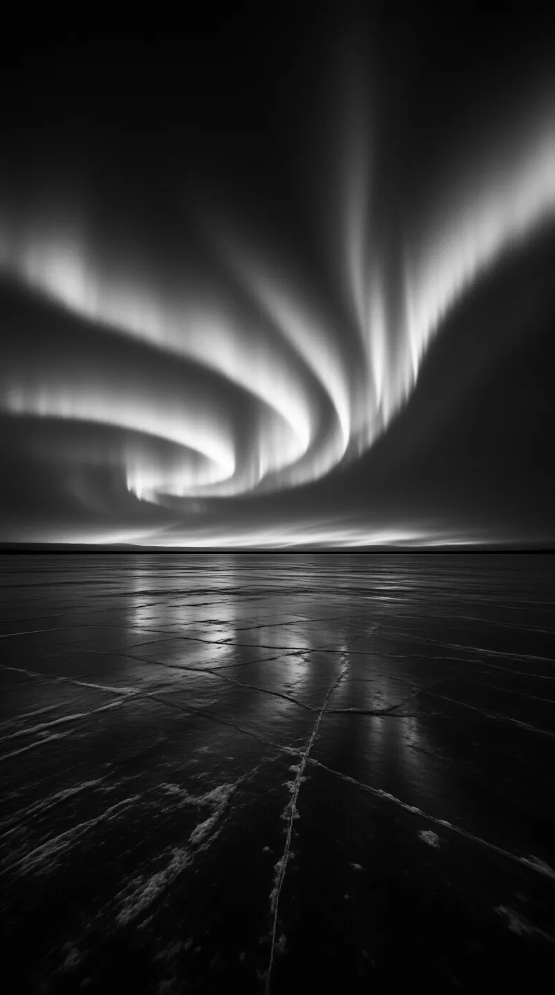 A luminous sky formation spirals down toward a vast expanse of dark fractured ice that mirrors the overhead glow