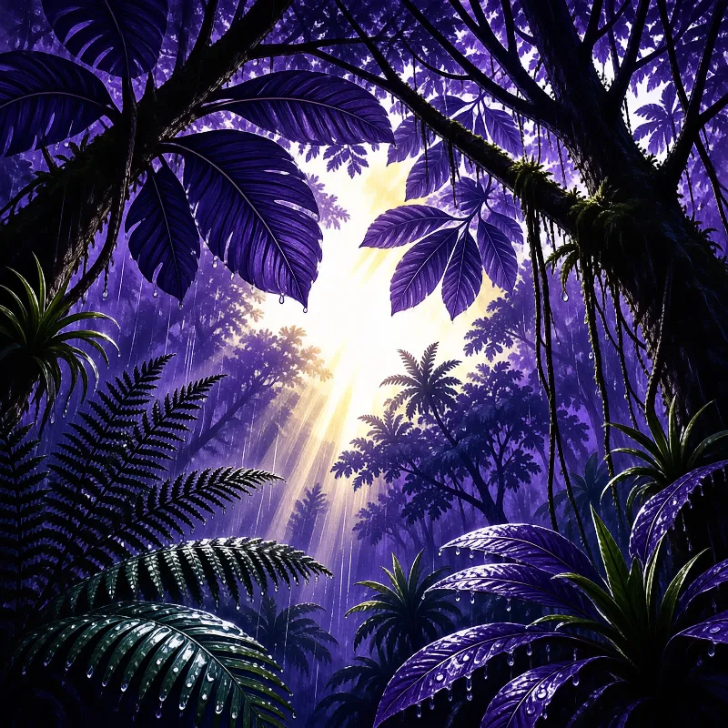 A dense rainforest viewed from below with violet foliage and a bright sunburst piercing through the canopy.