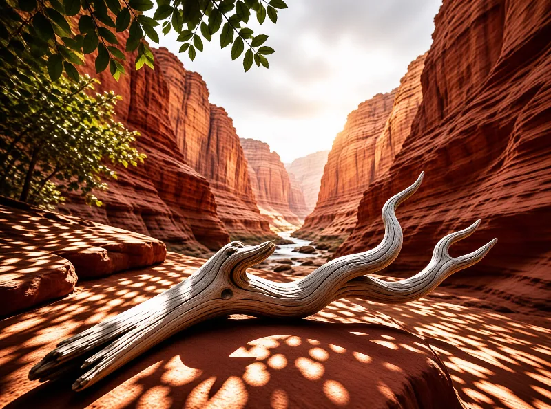 Weathered wood lies on reddish ground with towering canyon walls and a distant stream under bright filtering sunlight.