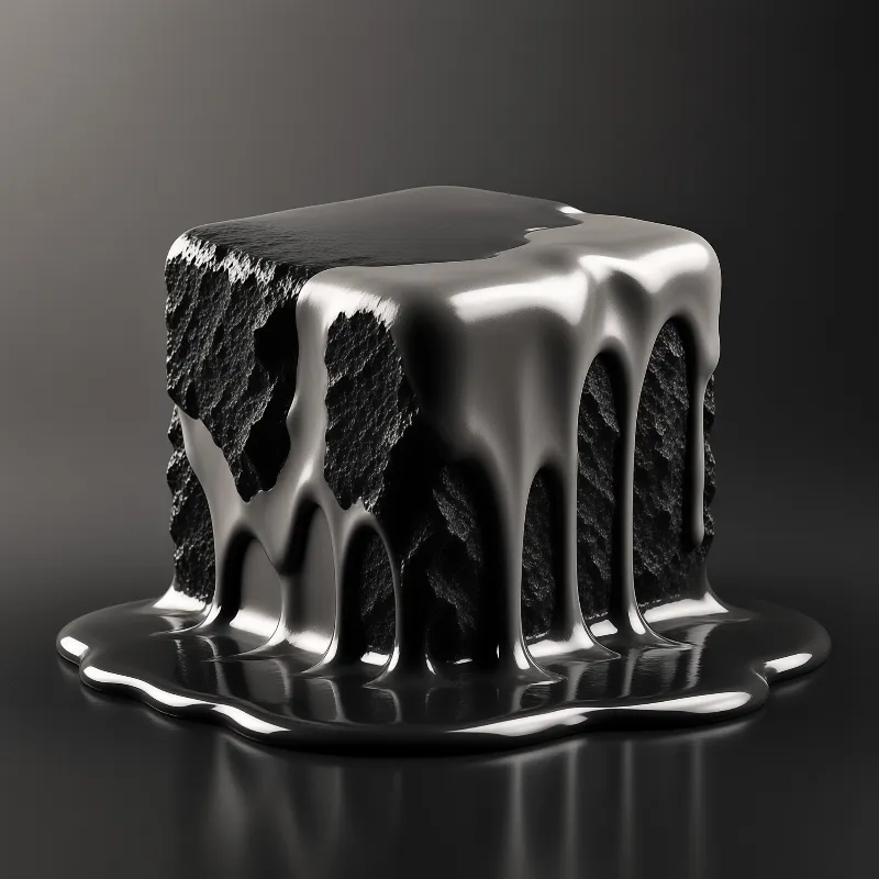 Rough stone block sits on a smooth surface while thick shiny silver liquid flows over its edges and pools around the base.