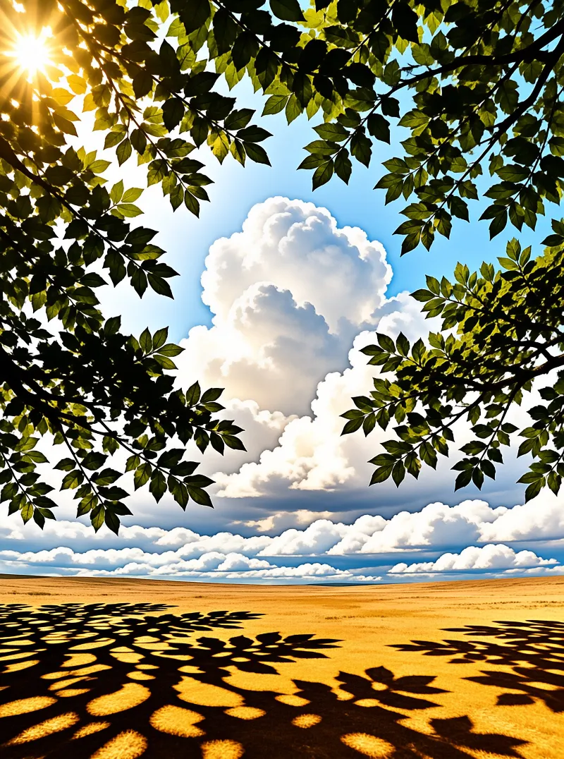 Green tree branches frame a bright blue sky with white clouds above a golden field casting leaf shadows.