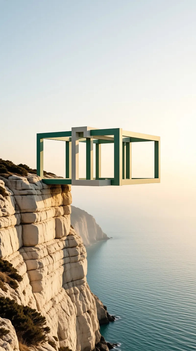 Green and yellow frameworks hover above a rocky cliff overlooking a calm blue ocean under a warm sky.