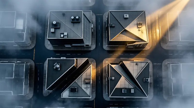 An aerial view of geometric buildings in a foggy grid, cut by a bright diagonal beam of light across the dark streets.