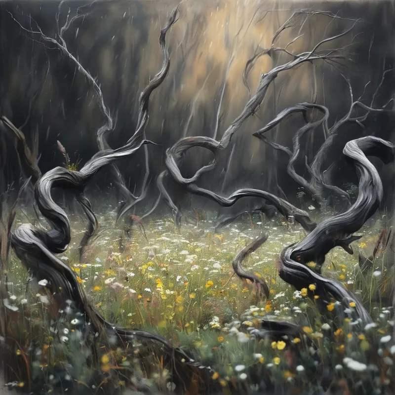 Dark gnarled branches curve over a grassy area dotted with white and yellow blooms in a foggy landscape.