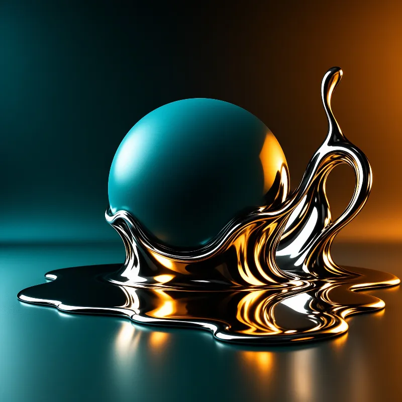 A teal sphere rests within a pool of reflective liquid metal creating a rising splash