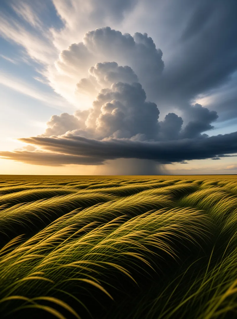 Golden grass waves roll across a plain while a massive dark thunderstorm cloud dominates the sky at sunset.